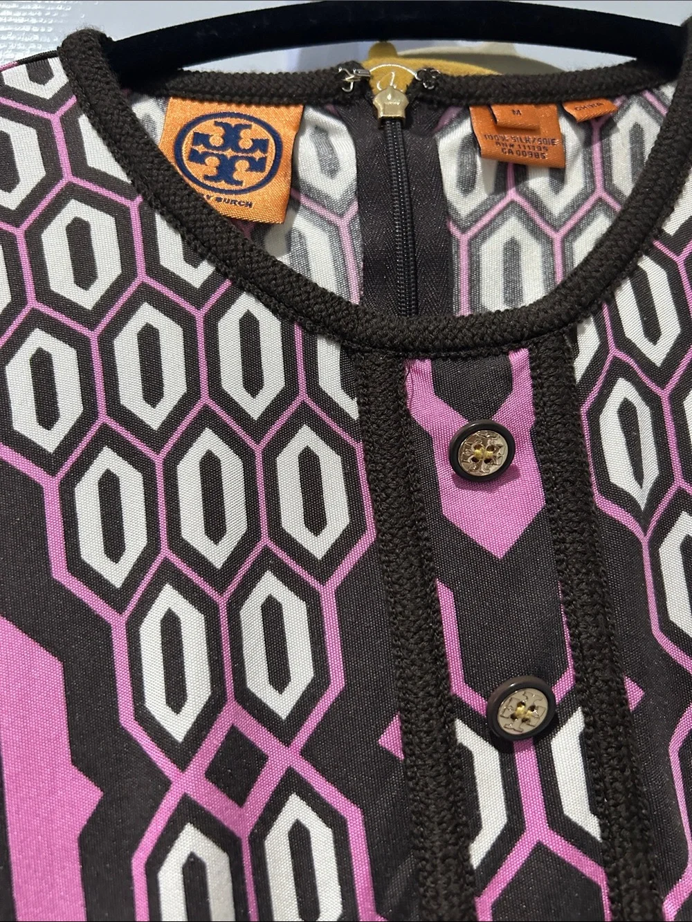 Tory Burch Pink, Cream & Brown Geometric Knit Shift Dress